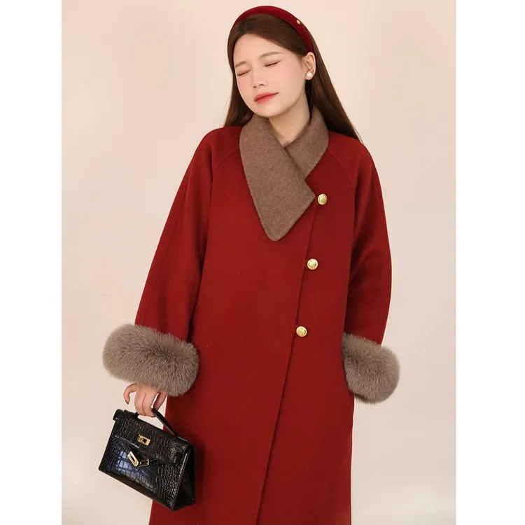 大码新中式圣诞新年红色羽绒毛呢外套女胖mm宽松高级感呢子大衣女