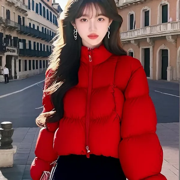 【现货当日发】红色短款棉服女冬季新款小个子韩版新年加厚保暖外套