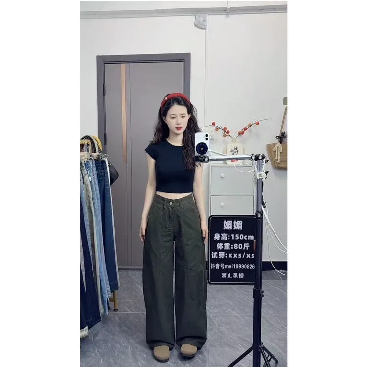 小个子工装裤美式复古弯刀阔腿裤女款爆款高腰宽松显瘦牛仔裤裤子