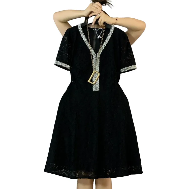 大维罗依HM欧货重工轻奢钉珠蕾丝显瘦气质连衣裙