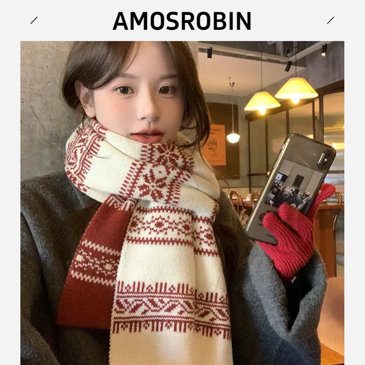AMOS ROBIN费尔岛风新年红双面针织羊毛围巾女冬季氛围感百搭保暖