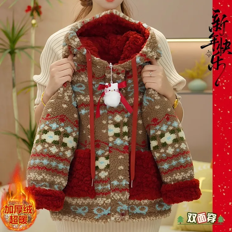 女童红色双面穿加绒费尔岛毛毛衣2025新款冬装加厚羊羔绒外套年服