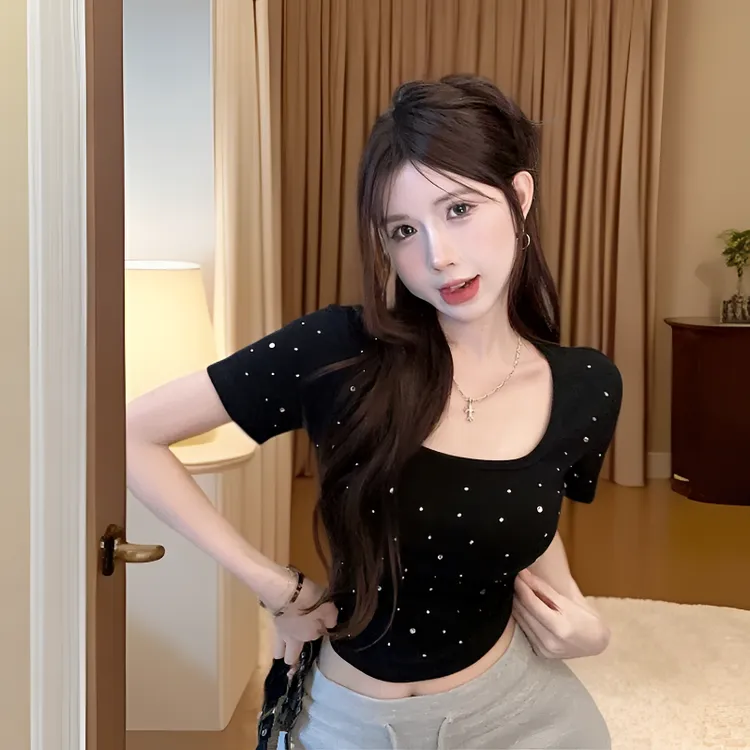 夏季新款甜辣妹风气质百搭重工烫钻修身显瘦短款针织女短袖 t恤