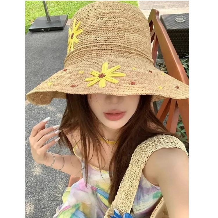 韩系小雏菊拉菲大帽檐草帽女度假出游遮阳防晒渔夫帽小清新夏季