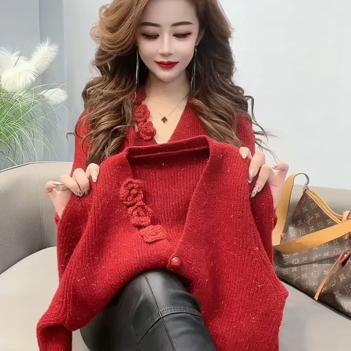 新款新年红立体针织花修身显瘦时尚百搭减龄气质单排扣开衫新款式