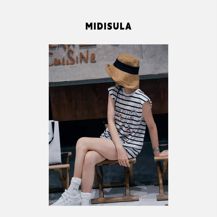 MDSL·夏季新款时尚洋气百搭圆领条纹字母卡通印花无袖T恤#0689