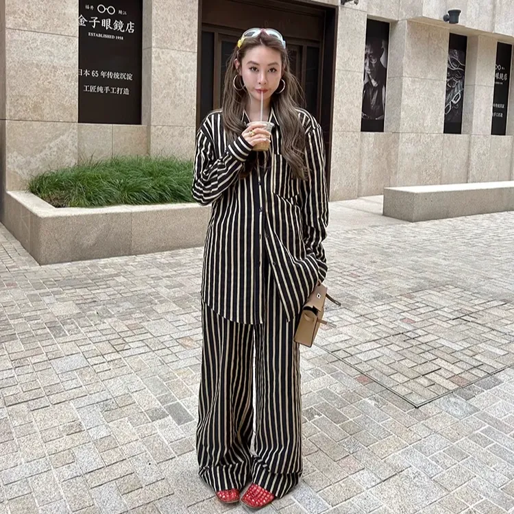 复古长袖条纹衬衫套装女春季2025新款慵懒风宽松高腰阔腿裤两件套