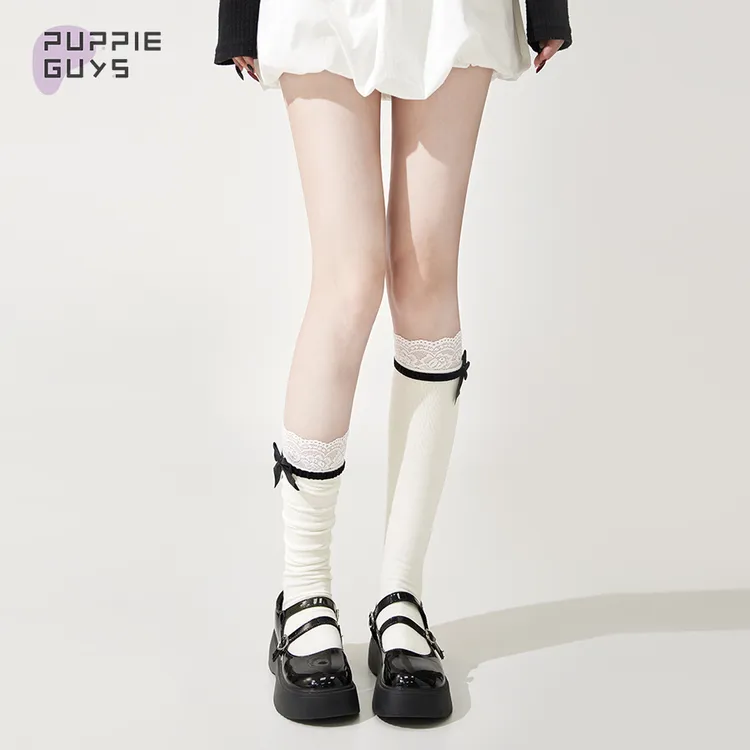 purpleguys蕾丝花边白色小腿袜子女jk芭蕾风蝴蝶结堆堆袜配小皮鞋