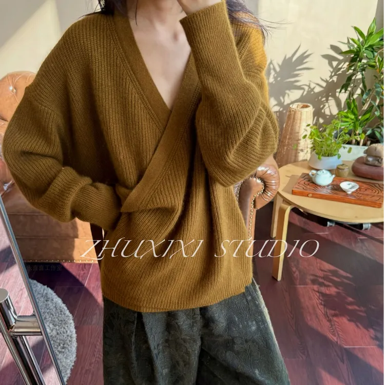 兔绒浣熊绒针织衫加厚秋冬毛衣宽松型长袖针织新中式复古斜襟系带