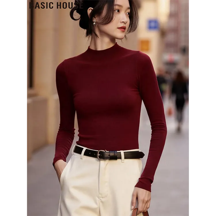 Basic House/百家好本命年红半高领长袖T恤修身打底衫女2026新款