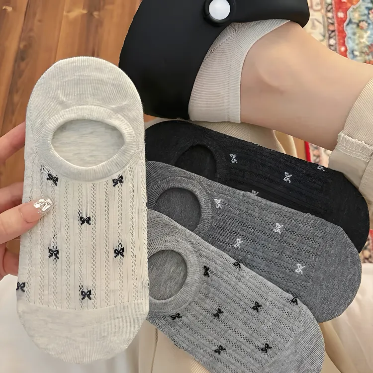 夏季蝴蝶结女透气薄款袜子隐形短袜日系网眼清凉感度假风硅胶防滑