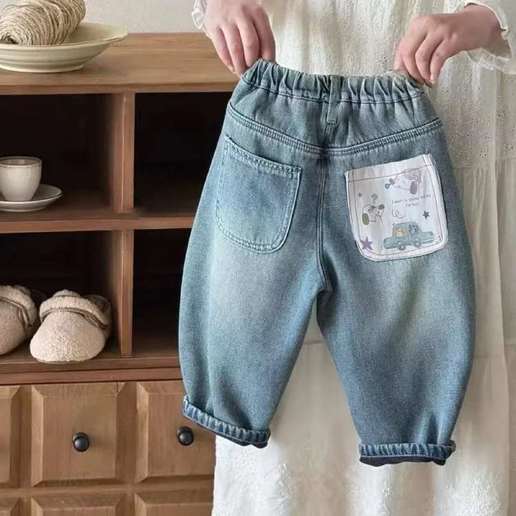 儿童加绒裤子秋冬款男女童时尚洋气一体绒牛仔裤中小童卡通休闲裤