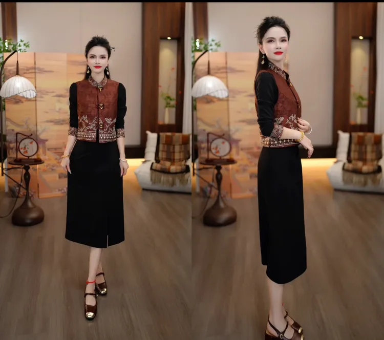 新品2025秋冬款新中式棠梨叶落暗纹提花马甲+黑色连衣裙两件套