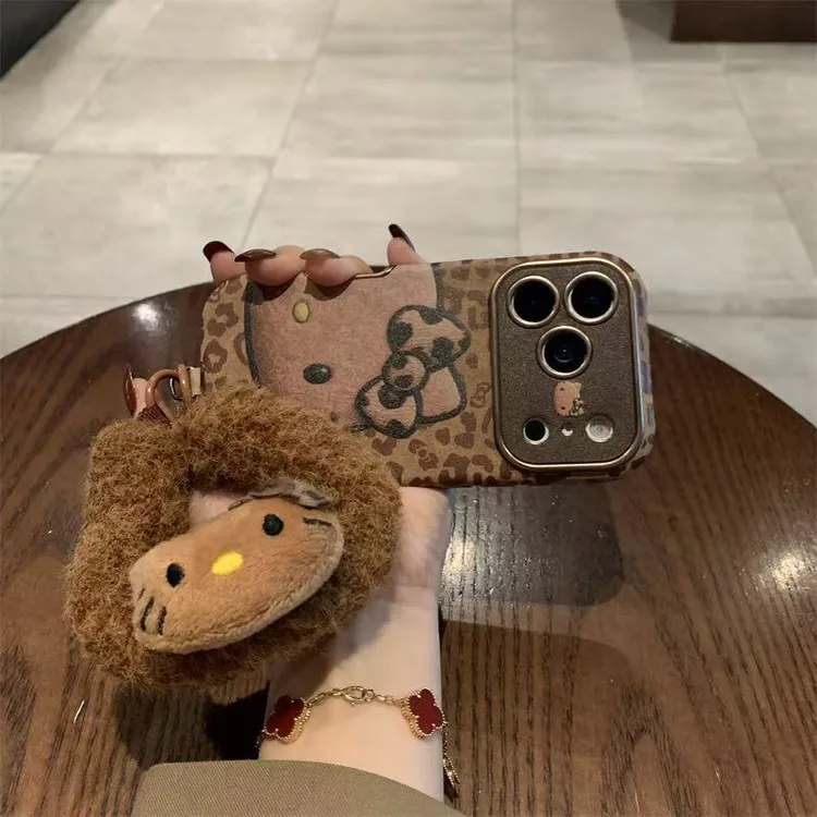 棕底豹纹半边脸KT猫适用苹果17promax/华为mate70手机壳毛绒腕带