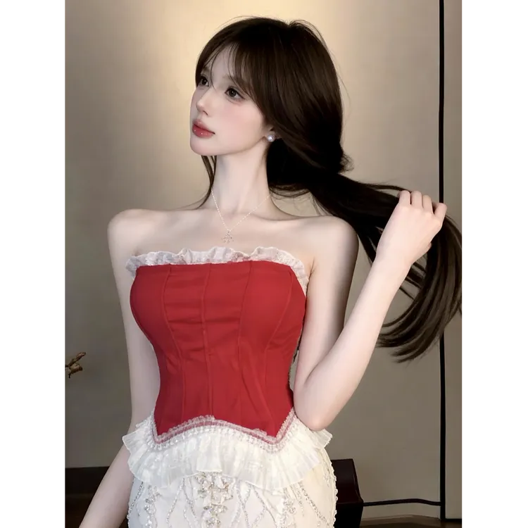 蕾丝边新年红色吊带背心女春季纯欲一字肩鱼骨抹胸上衣打底衫内搭