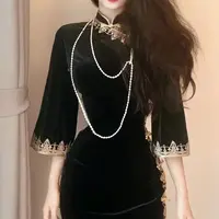 LHMknk1画报夫人原创自制高级感金边丝绒倒大袖旗袍连衣裙金太太