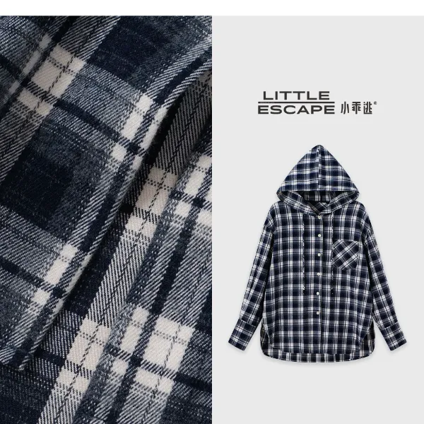小乖逃休闲风蓝色格子冬季衬衫连帽卫衣格子复古宽松百搭款251039