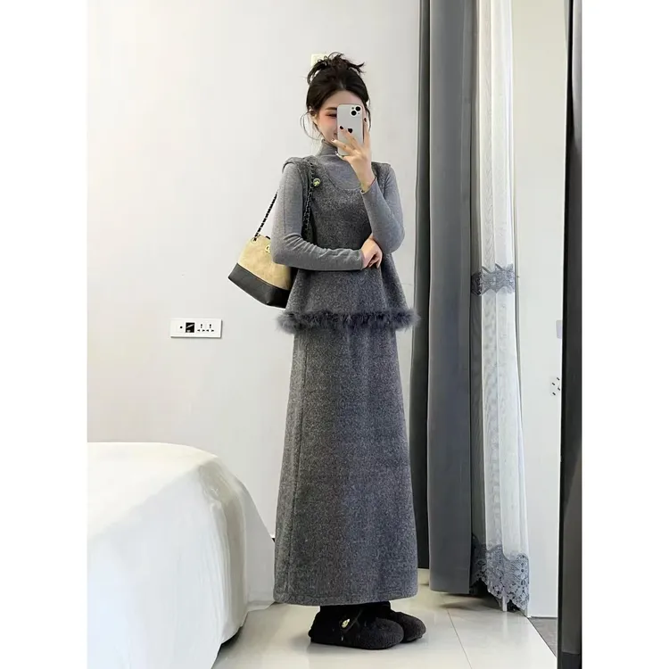 2026冬季新款韩系复古小香风毛呢马甲打底衫搭配半身裙气质三件套