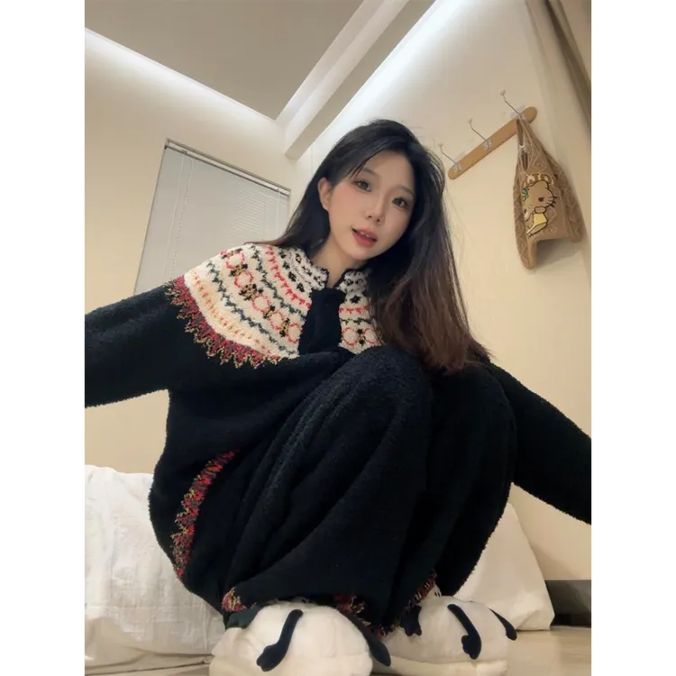 可爱少女名族风半边绒睡衣女秋冬款大码加厚保暖可外穿睡衣套装女