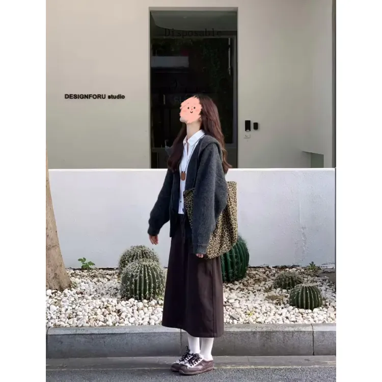 韩系慵懒风针织开衫女短款宽松毛衣外套减龄高级感半身裙两件套装