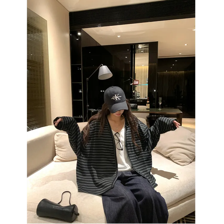 慵懒风休闲百搭条纹v领开衫外套女韩系女上衣
