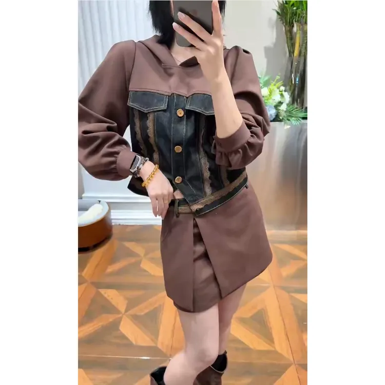 KIKI严选：95010-66家南油欧货秋季牛仔拼接连帽卫衣半身裙两件套