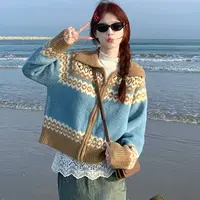 费尔岛复古提花针织衫女2025秋季氛围感上衣撞色翻领宽松休闲外套