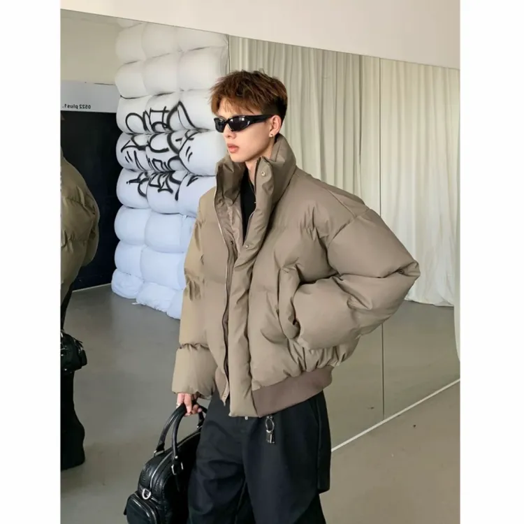 日系pu皮廓形立领加厚棉衣棉服外套男冬季复古潮牌痞帅保暖面包服