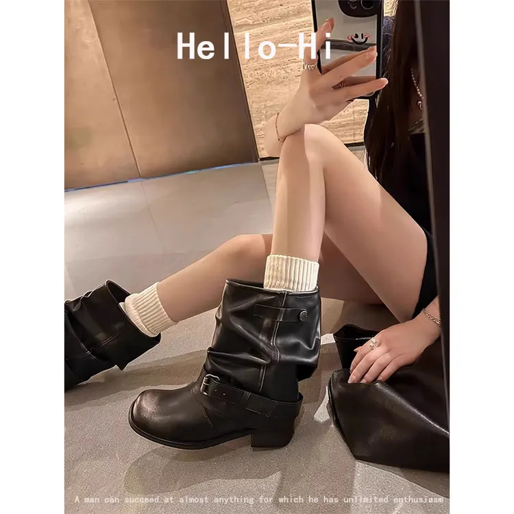 牛皮版~辣妹废土风短筒夏季靴子女2025褶皱堆堆靴宽筒短靴裤管靴