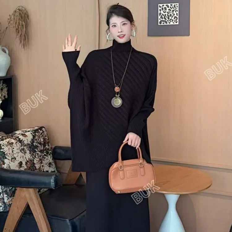 秋冬厚款宽松蝙蝠袖上衣时尚简约显瘦高领毛衣+半身裙毛衣套装