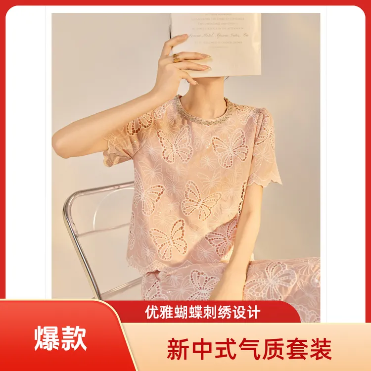 国风2025夏季蝴蝶刺绣薄款设计感轻奢新中式上衣半裙套装女中国风