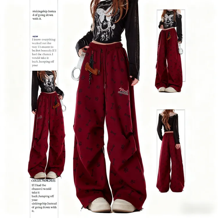 美式圣诞红印花运动卫裤女秋冬松弛感穿搭褶皱宽松休闲加绒加厚裤