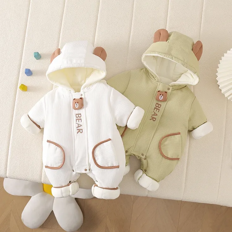 休闲风连帽卡通风加厚新生儿爬服婴儿冬季保暖哈衣连体衣外出服