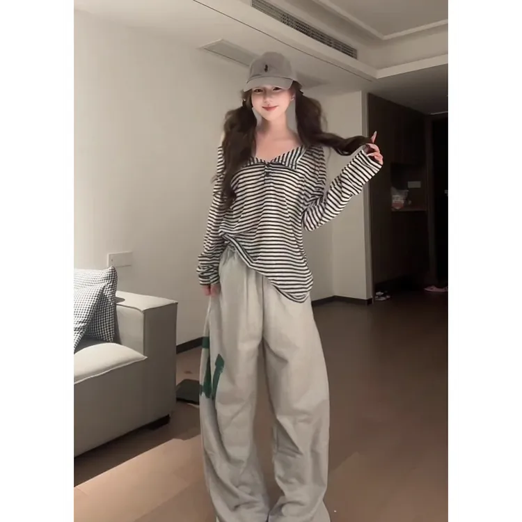 SUMBUR夏日宽松条纹长袖t恤女韩系ins衣服一字领辣妹薄款防晒罩衫