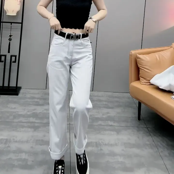 牛仔裤高腰银灰色时尚直筒裤九分裤薄款夏新款休闲百搭弹力法棍裤