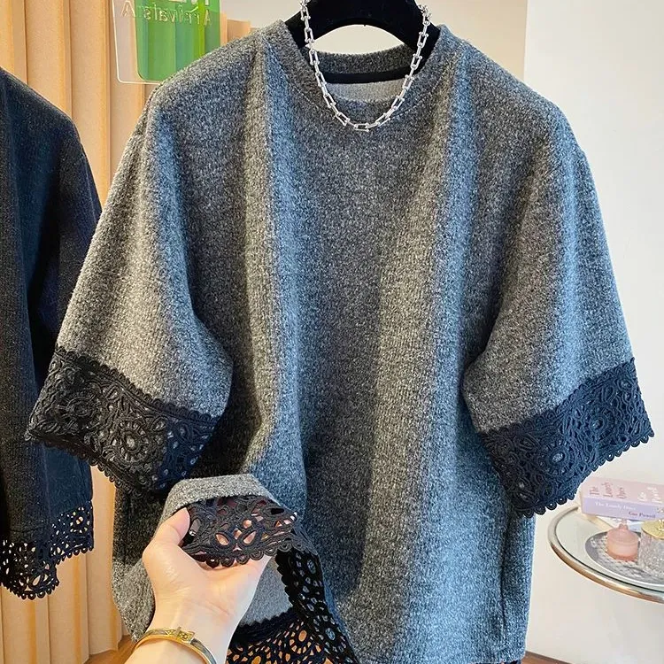 ins大码300斤胖mm蕾丝花边拼接短袖T恤春季宽松内搭打底衫上衣潮