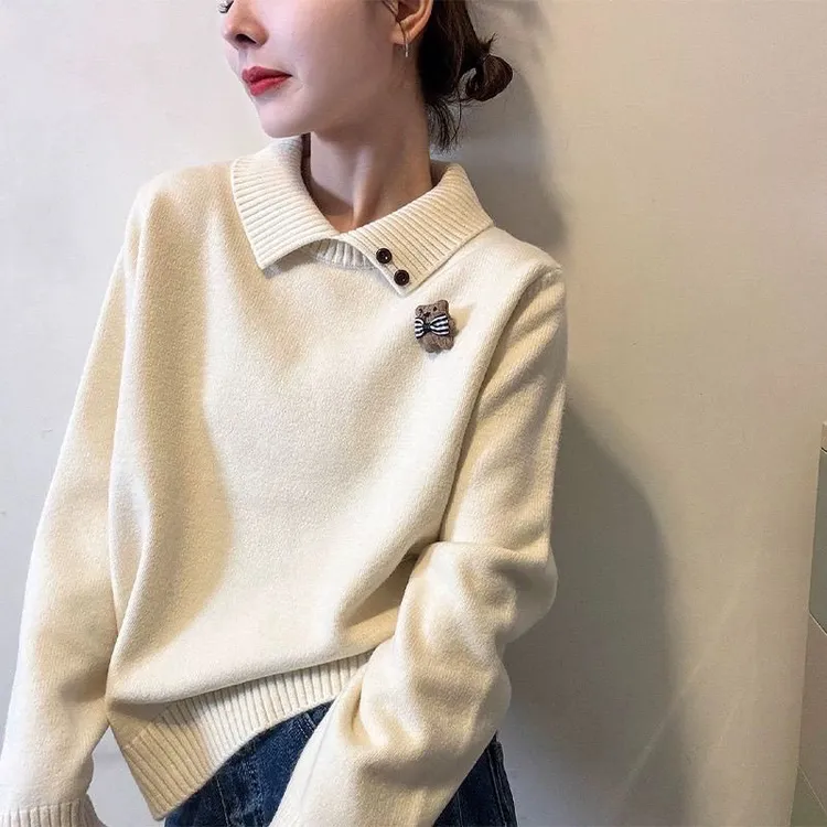 宽松显瘦【80-180斤】布娃娃翻领针织衫上衣女秋冬高级感减龄打底衫