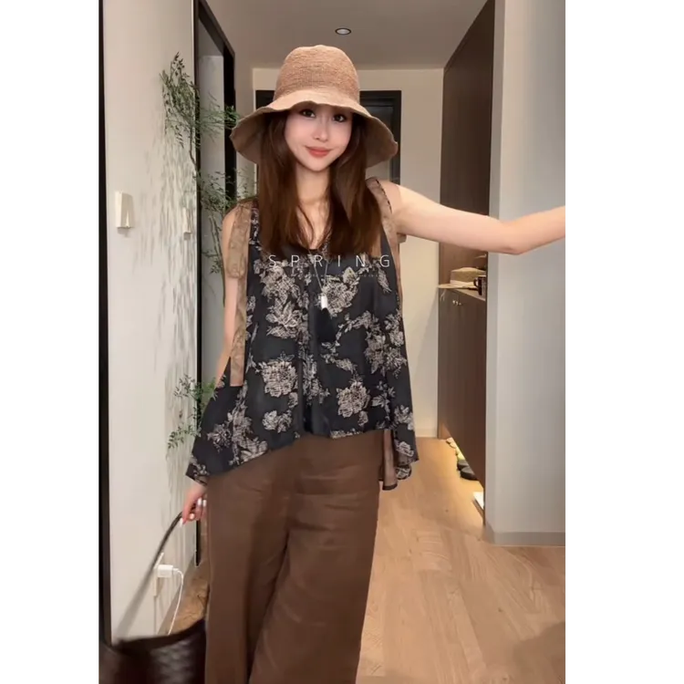 慵懒风女装两件套复古印花双肩飘带无袖背心吊带休闲直筒长裤套装