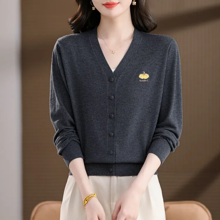 品牌女装秋季针织开衫女长袖V领薄外搭宽松上衣时尚百搭洋气外套