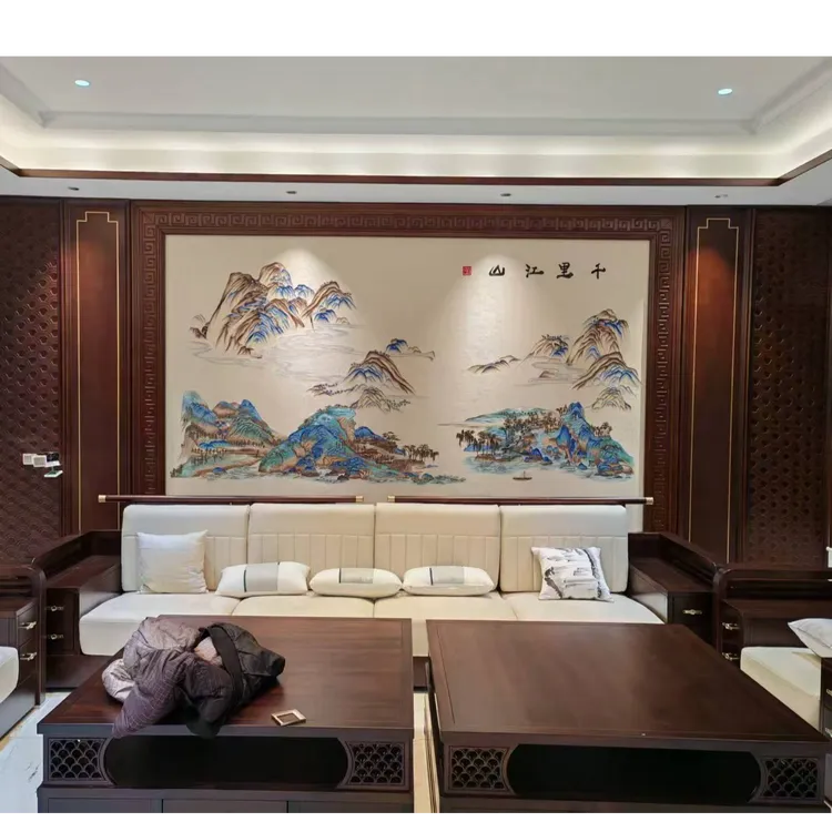 现代中式风格刺绣墙布千里江山10珠光彩金升级款背景墙尺寸可定制