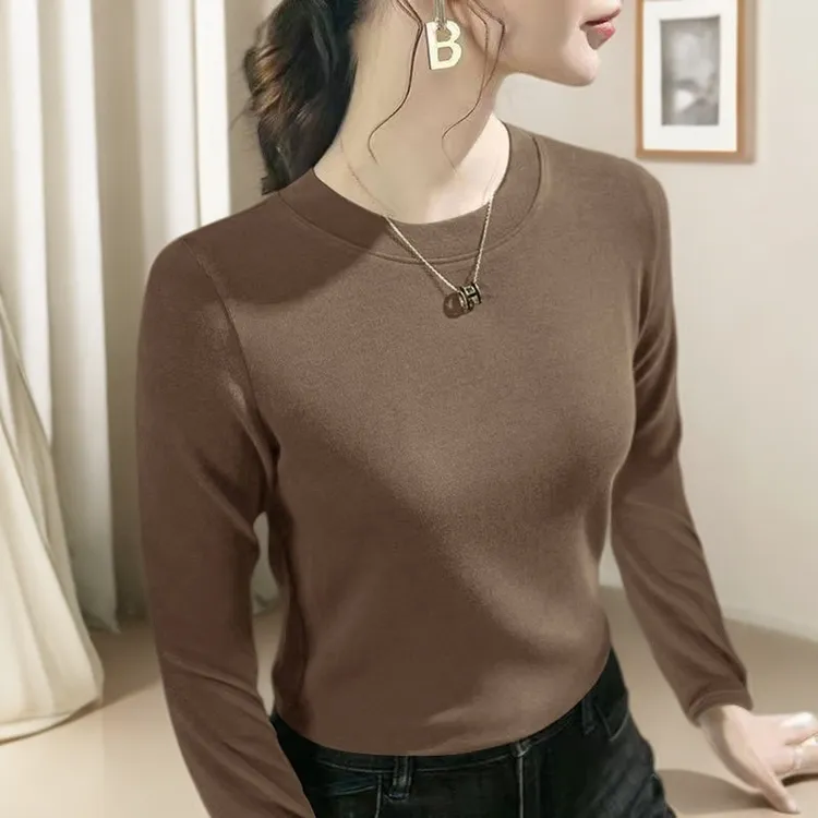 秋冬双面绒圆领上衣百搭显瘦保暖秋衣洋气女士大码长袖内搭打底衫