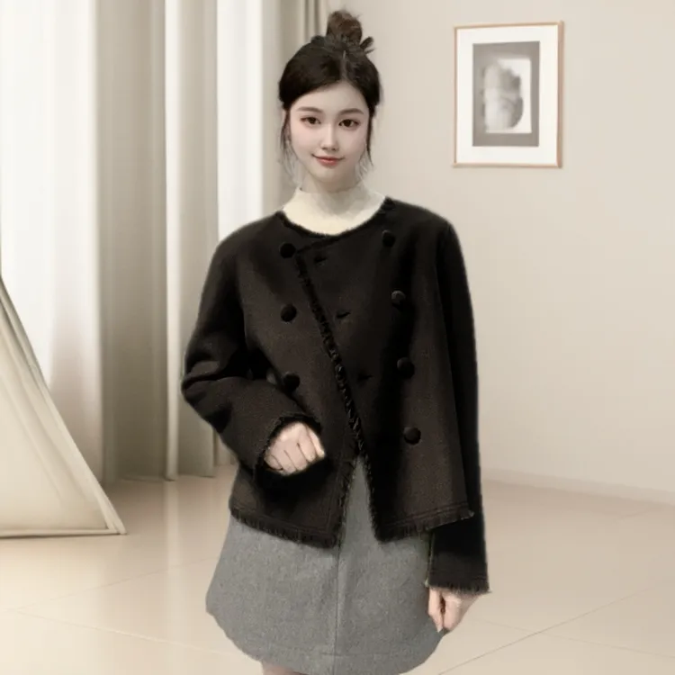 23812【小香风】轻奢洋气小香风双面呢流苏小个子毛呢短外套