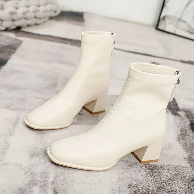 短靴女高跟粗跟2025新款靴子软皮法式方头秋冬中筒瘦瘦靴