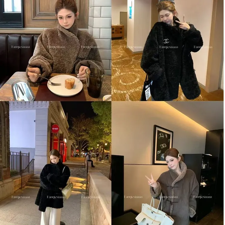 【冬日诺丁山】双面穿仿羊羔毛麂皮牛角扣外套女皮毛一体上衣