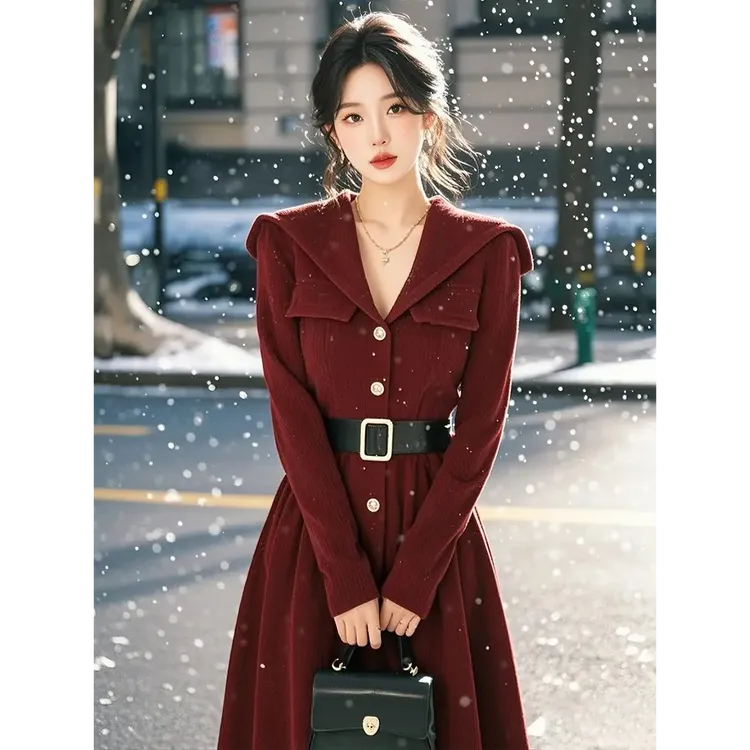 4121酒红色灯芯绒连衣裙秋冬千金感穿搭漂亮独特御姐中长款裙