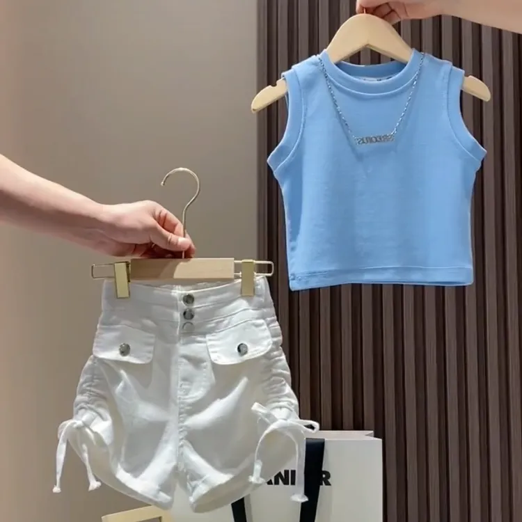 女童无袖套装夏季2025洋气新款夏装中大童背心休闲牛仔短裤两件套