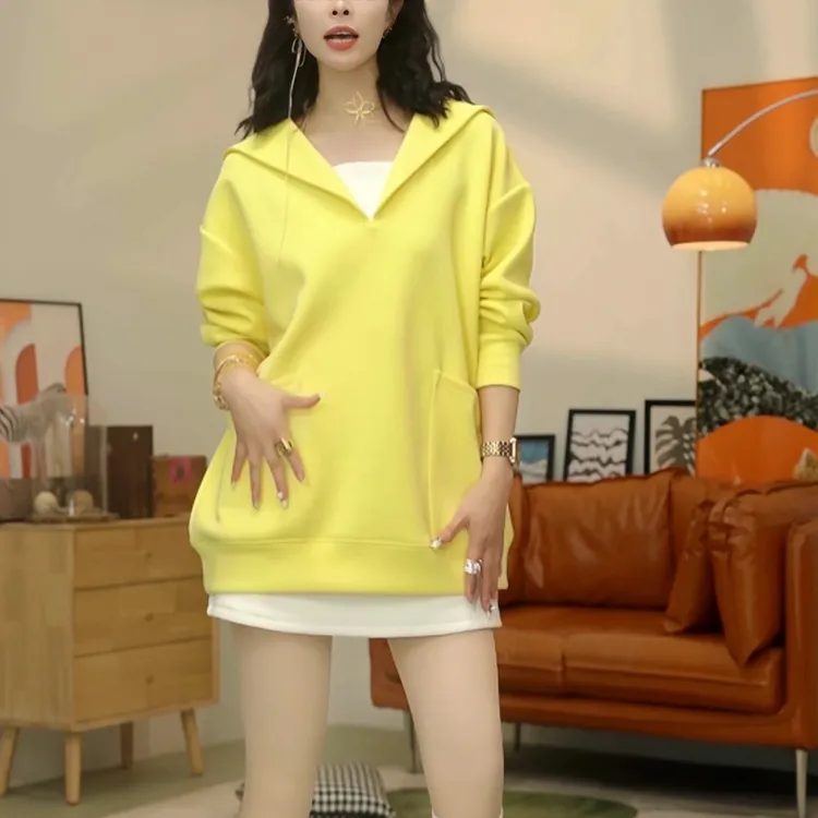 春装新款减龄宽松版大口袋时尚运动休闲百搭假两件连帽卫衣2990