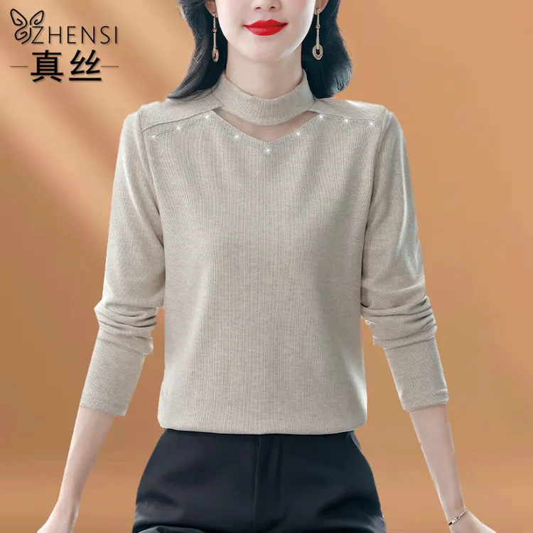 杭州高端真丝衬衫打底衫2025秋冬新款半高领加厚德绒长袖烫钻内搭