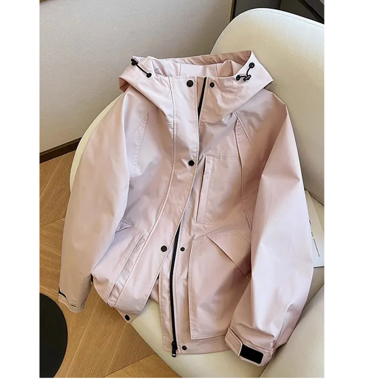 特大码甜美风粉色工装运动休闲外套女秋季胖mm宽松显瘦连帽冲锋衣