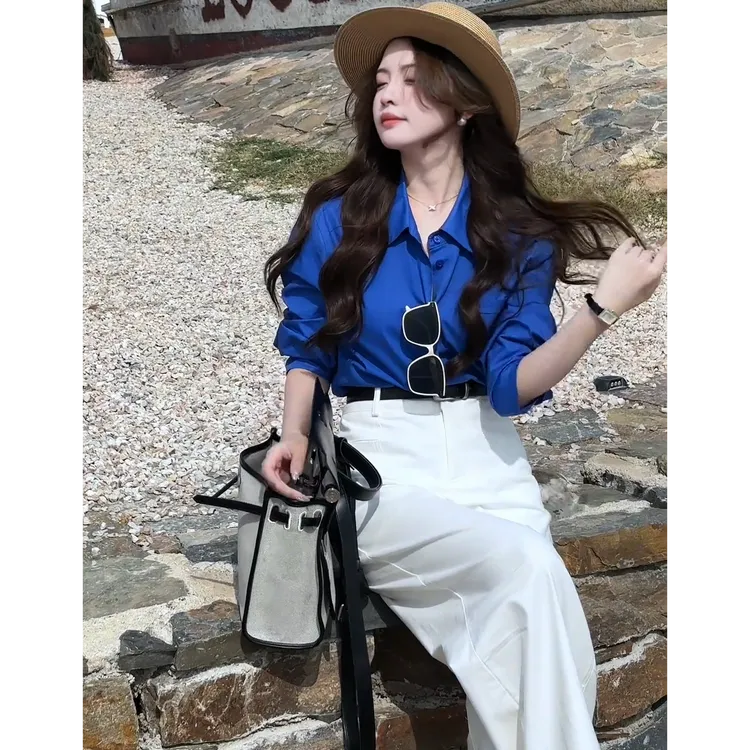 气质夏季上衣高腰小众衬衣复古休闲风蓝色时尚套装法式
